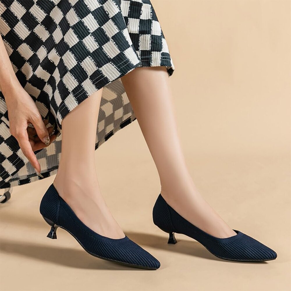 Women's Navy Blue Kitten Heels Pumps Comfortable Knit Closed Toe Heels Casual - Picture 2 of 5